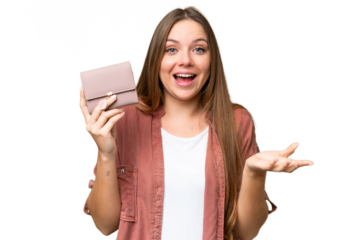 Young blonde woman holding a wallet over isolated chroma key background with shocked facial expression