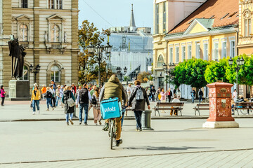 Obraz premium A panoramic city view of Novi Sad with its iconic bridge over the Danube River is a breathtaking sight. From this vantage point, the city sprawls beneath the sky, with the elegant Varadin Bridge