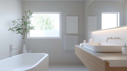 Fototapeta premium A bathroom with a white sink and a white bathtub