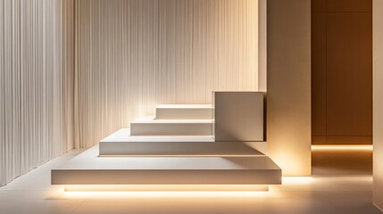 3d rendered minimalistic cream pedestal podium stage with light and smooth background
