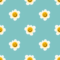 seamless pattern with flowers smile yellow blue background