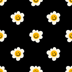 seamless pattern with flowers smile yellow black background