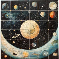 Naklejka premium illustration set of moon phases. Different stages of moonlight activity in vintage engraving style. Zodiac Signs. AI generated 