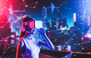 Female standing in cyberpunk style building in meta wear VR headset connecting metaverse, future cyberspace community technology, Woman raise right hand holding goggles looking faraway. Hallucination.