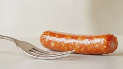 A single sausage served on a fork on a table