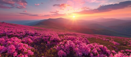 Pink Rhododendron Field at Sunset with Mountains