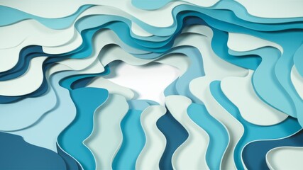 Fototapeta premium Ocean Waves Paper Art: Captivating art installation features layered paper cut-outs to form ocean waves in shades of blue.