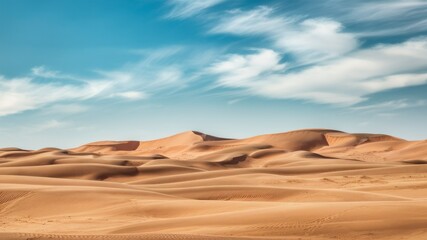 Fototapeta premium Desert Dunes Under a Blue Sky: The expansive desert landscape unfolds, the rolling sand dunes sculpted by the wind, bathed in warm sunlight, as a vast, azure sky stretches above.