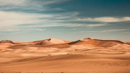 Golden Sands and Azure Skies: Capturing the raw, untamed beauty of the desert, this image showcases undulating dunes bathed in sunlight against a backdrop of a clear, azure sky.