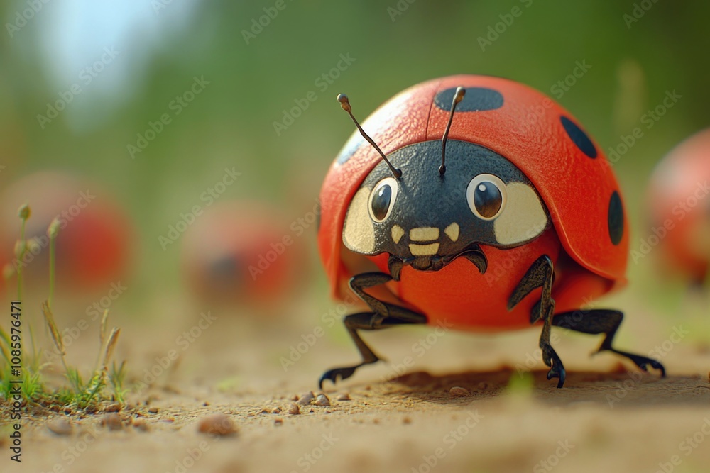 Poster a close-up shot of a ladybug on the ground, with details of its shell and legs visible