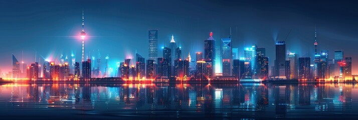 Futuristic neon city skyline with glowing lights and reflection in water at night.  Abstract illustration of modern urban landscape, technology, and science fiction.