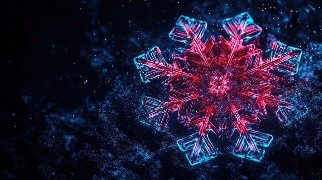 Abstract snowflake glowing with neon red and neon cyan hues, delicately illuminated on a deep midnight canvas, creating a striking contrast