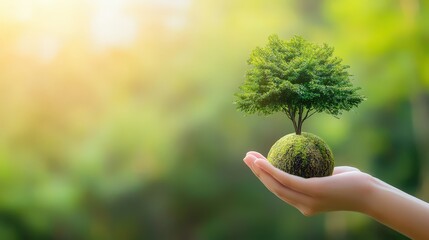 Hand Holding a Small Tree on a Green Globe