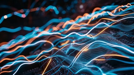 Obraz premium Digital Data Stream: A mesmerizing abstract composition of interconnected data streams in vibrant hues, suggesting the complexity of information flow.