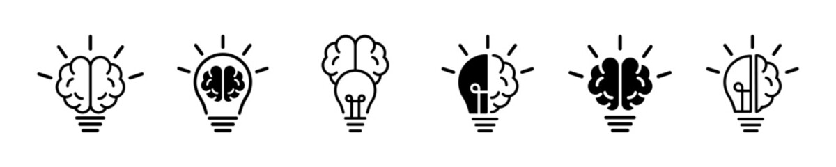 Set of creative idea vector icons. Brain and light bulb. Innovation, solution, invention symbols. Thinking sign. Vector 10 Eps.