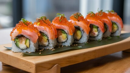 Delectable Sushi: A mouthwatering array of sushi rolls artfully arranged on a wooden platter, showcasing fresh salmon, avocado, and other delightful ingredients.