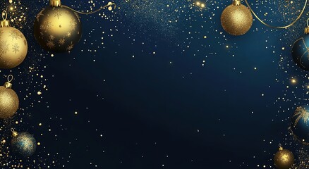 Fototapeta premium A dark blue background with gold glitter and Christmas ornaments 
