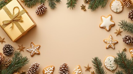 Christmas decoration composition on a light gold background with a golden gift box, fir branches, cones, stars, and Christmas cookies.