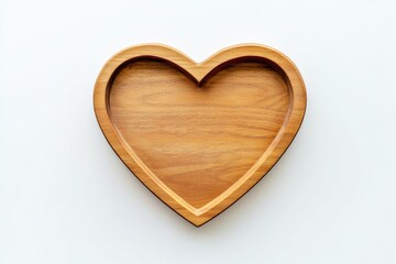 A wooden heart shaped bowl on a white surface