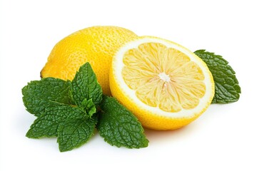 Lemon with fresh mint leaves on white background.