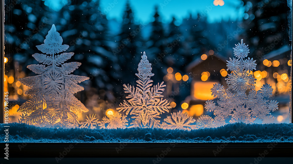 Poster frosted snow patterns on window create winter wonderland scene, with delicate snowflakes and trees i