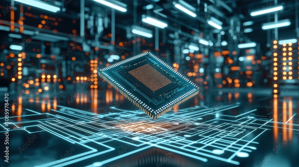 Poster innovative microchip technology in futuristic data center digital world high-tech environment close-