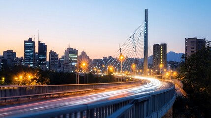 Fototapeta premium A scenic view of a modern bridge at dusk, illuminated by city lights and traffic.