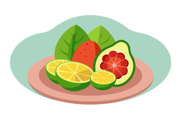 Minimalist Fruit Plate Perfectly Sliced Avocado, Grapefruit, and Strawberries