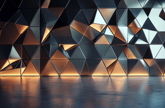 Metallic triangular panels form a textured wall with warm backlighting