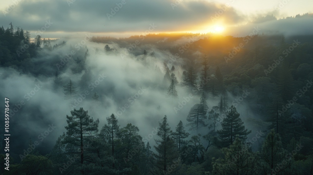 Poster a serene sunset scene set against a backdrop of misty trees, perfect for use in nature-inspired desi