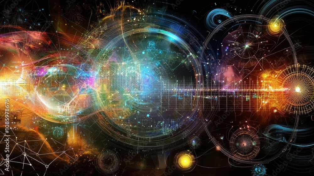 Poster cosmic exploration event digital universe abstract art dark environment wide angle view mystical con