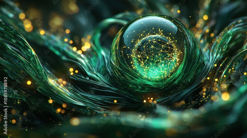 Poster captivating glowing sphere with network connections abstract digital art green environment close-up 