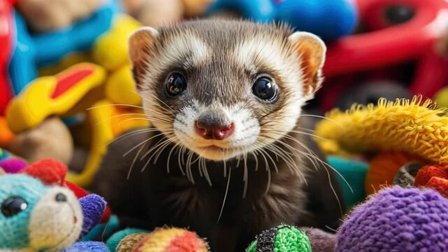 Playful Ferret: A cute ferret stares directly at the camera, surrounded by colorful toys.