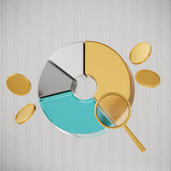 Gold magnifying glasses find and optical search icon with pie chart or diagram photorealism style and dollar coins on white background 3d render