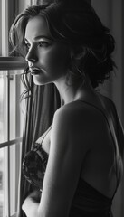 Elegant black and white portrait of a woman by a tall window, bathed in shadows and soft light