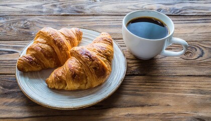 Freshly Baked Croissants and Coffee on a Wooden Table with Natural Light Background