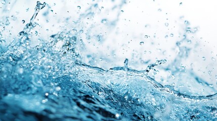 Sparks of blue water on a white background, creating a dynamic and refreshing effect.