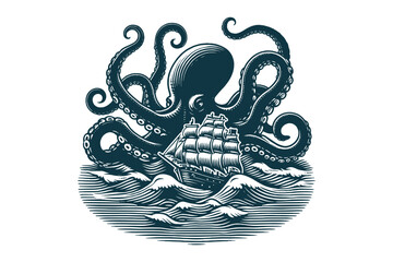 Kraken monster octopus  and a ship on the waves. Vintage vector engraving illustration, emblem, logo, print, tattoo © Victoria