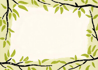 Fototapeta premium Rectangular frame with green leaves and eucalyptus branches with empty space inside, watercolor painting