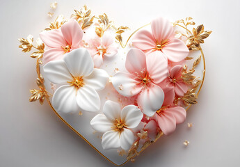 Obraz premium A heart-shaped cake decorated with sugar flowers in shades of pink and white