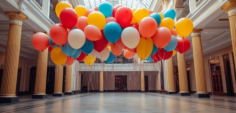 Festive Balloon Drop Celebration in a Spacious Hall for New Year