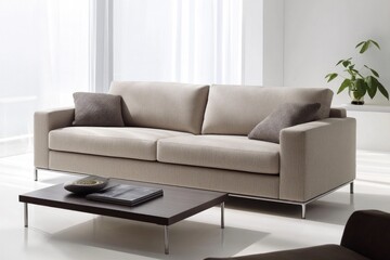 A comfortable living room with a couch and a coffee table