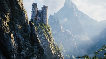 A medieval-style castle built into the side of a mountain, with stone walls and towers