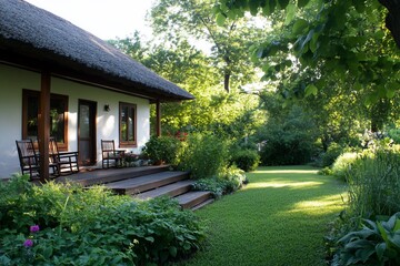 Fototapeta premium A serene garden view featuring a cozy house and lush greenery.