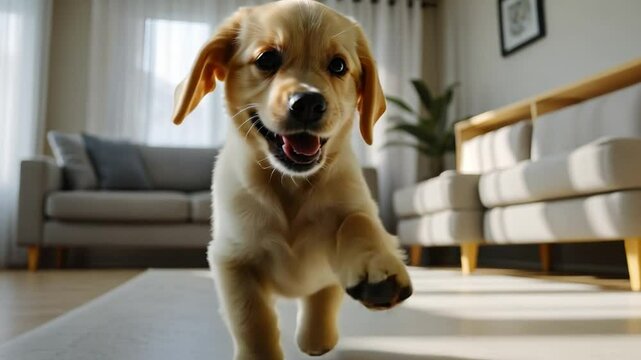 Happy Puppy at Home: A playful golden retriever puppy runs towards the camera with a joyful expression, capturing the heartwarming innocence and pure joy of pet ownership.  
