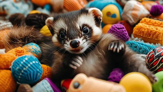 Playful Ferret: A cute ferret basking in a sea of colorful toys, capturing the playful spirit of a beloved pet.  