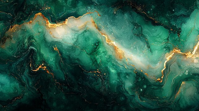 A vibrant abstract design featuring swirling green and gold patterns resembling natural formations.