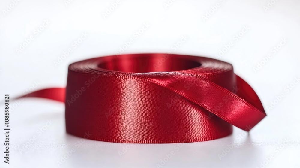 Poster A single red ribbon lying flat on a white surface