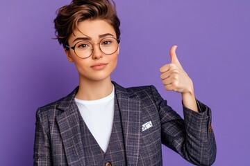 A professional woman giving a positive thumbs up gesture, great for business or career-related uses