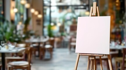 
An empty white canvas on an easel in the foreground 